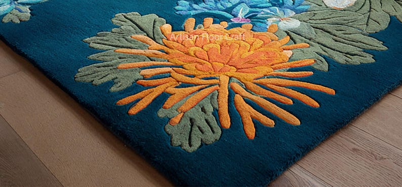 Hand Tufted Floral Wool Rug in Blue With Multicolor Flowers – Modern ...