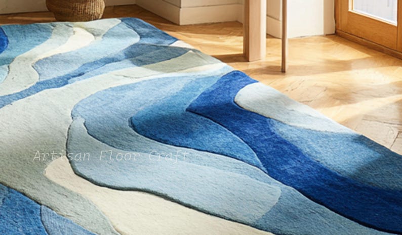 Modern Abstract Hand Tufted Wool Rug With Flowing Wave Design in Blue ...