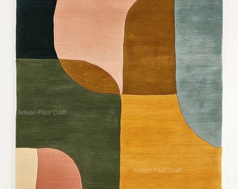 Abstract Color Block Hand Tufted Wool Rug, Modern Contemporary Living Room Area Rug Decor