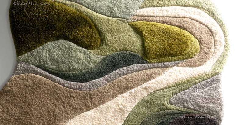 May include: A textured rug with a layered design in shades of green, brown, and cream. The rug's pattern resembles rolling hills or abstract landscape, with varying textures and depths. The rug has a soft, plush appearance.