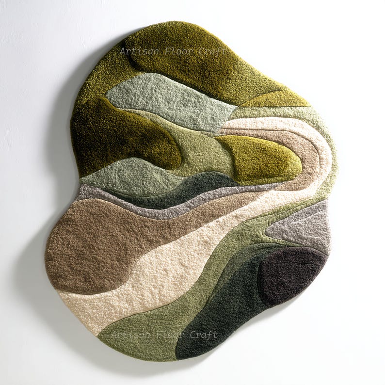 May include: An abstract, organic-shaped rug in shades of green, brown, and beige. The rug features a layered design with varying textures and tones, creating a landscape-like appearance. The text "Artisan Floor Craft" is visible.