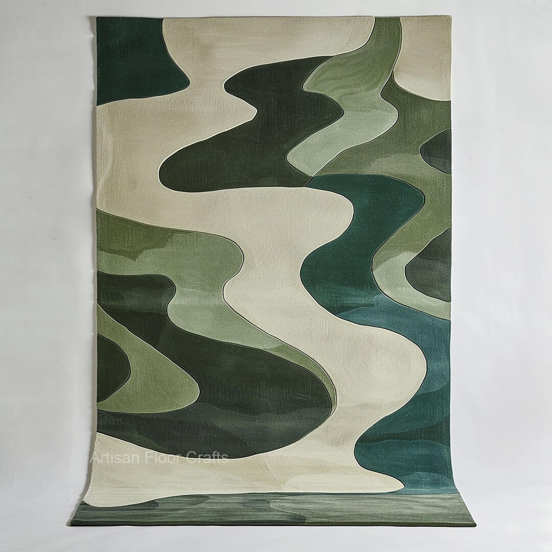 Patterned Green Rug Abstract Design Green Abstract Hand Tufted Wool Rug, Modern Organic Contemporary Living ...