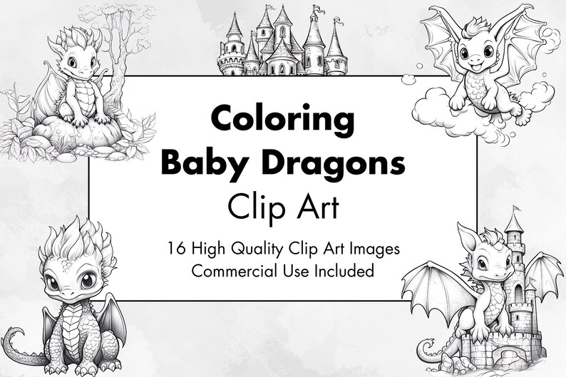 Colorear Baby Dragons Clipart - 16 Alta Calidad - Fondo Blanco y Transparente - Imágenes para colorear - Descarga Digital - Uso Comercial imagen 1