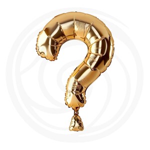 Puede incluir: Un globo de l&aacute;mina dorada en forma de signo de interrogaci&oacute;n. El globo est&aacute; inflado y tiene un acabado brillante y met&aacute;lico.