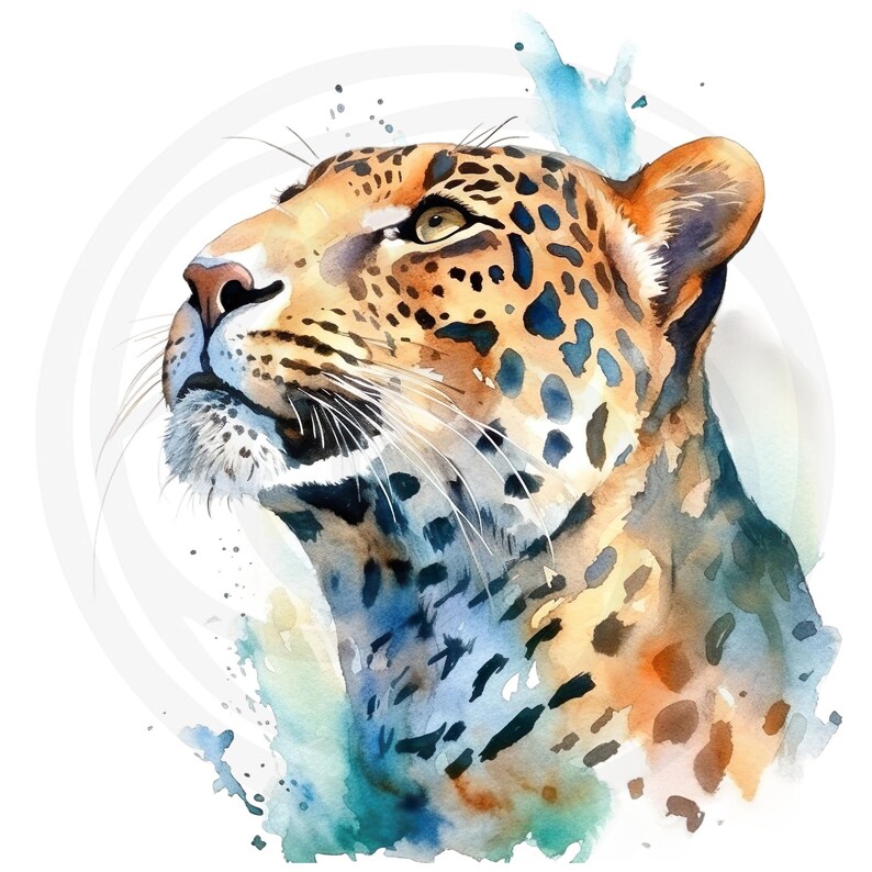 May include: A watercolour painting of a leopard's head and neck. The leopard is looking up and to the right. The background is a light blue watercolour wash with white splatters.