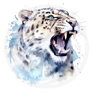 Puede incluir: Una pintura de acuarela de un leopardo de las nieves con la boca abierta en un rugido. El fondo es una acuarela azul claro con salpicaduras blancas.