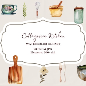 Puede incluir: Conjunto de clipart de acuarela de artículos de cocina en estilo cottagecore. El conjunto incluye una tetera, una taza de té, tazones, ollas, una tabla de cortar, un batidor, una cuchara, un tenedor, un cuchillo, un frasco y un ramo de flores. El clipart es perfecto para crear diseños digitales o impresos.