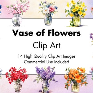 Clipart de vaso de flores - 14 alta qualidade - fundo branco e transparente - ilustração aquarela - download digital - uso comercial