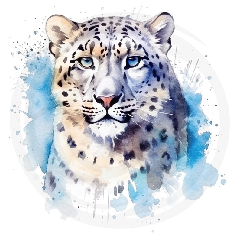 Puede incluir: Una pintura de acuarela de la cara de un leopardo de las nieves sobre un fondo de salpicaduras azules y blancas.