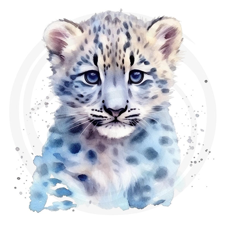 Puede incluir: Una pintura de acuarela de un cachorro de leopardo de las nieves con ojos azules. El cachorro est&aacute; sentado y mirando directamente al espectador. El fondo es un c&iacute;rculo blanco con salpicaduras de acuarela grises y azules.