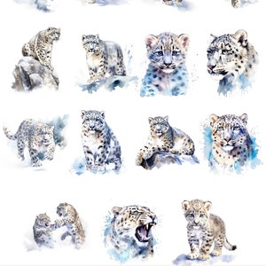 Puede incluir: Un conjunto digital de clip art de 15 ilustraciones de acuarela de leopardos de las nieves en varias poses. Los leopardos de las nieves se representan en un fondo blanco con acentos de acuarela azul.