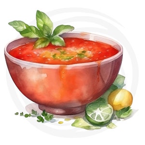 K&ouml;nnte beinhalten: Aquarellillustration einer Sch&uuml;ssel mit roter Suppe, garniert mit frischem Basilikum. Die Suppe befindet sich in einer rotbraunen Sch&uuml;ssel, mit einer Limette, Zitrone und Avocado an der Seite. Das Bild hat eine saubere, helle &Auml;sthetik.