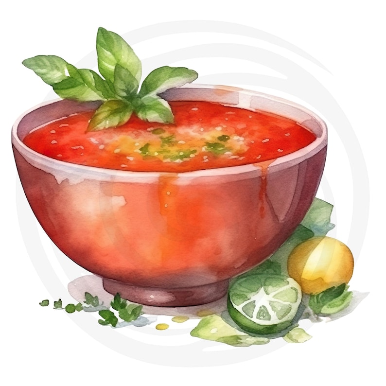 K&ouml;nnte beinhalten: Aquarellillustration einer Sch&uuml;ssel mit roter Suppe, garniert mit frischem Basilikum. Die Suppe befindet sich in einer rotbraunen Sch&uuml;ssel, mit einer Limette, Zitrone und Avocado an der Seite. Das Bild hat eine saubere, helle &Auml;sthetik.
