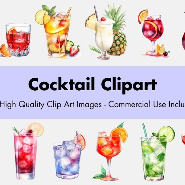 Cocktail Drink Clipart - 12 JPG's van hoge kwaliteit - Witte & transparante achtergrond - Aquarel Illustratie - Digitale download - Commercieel gebruik