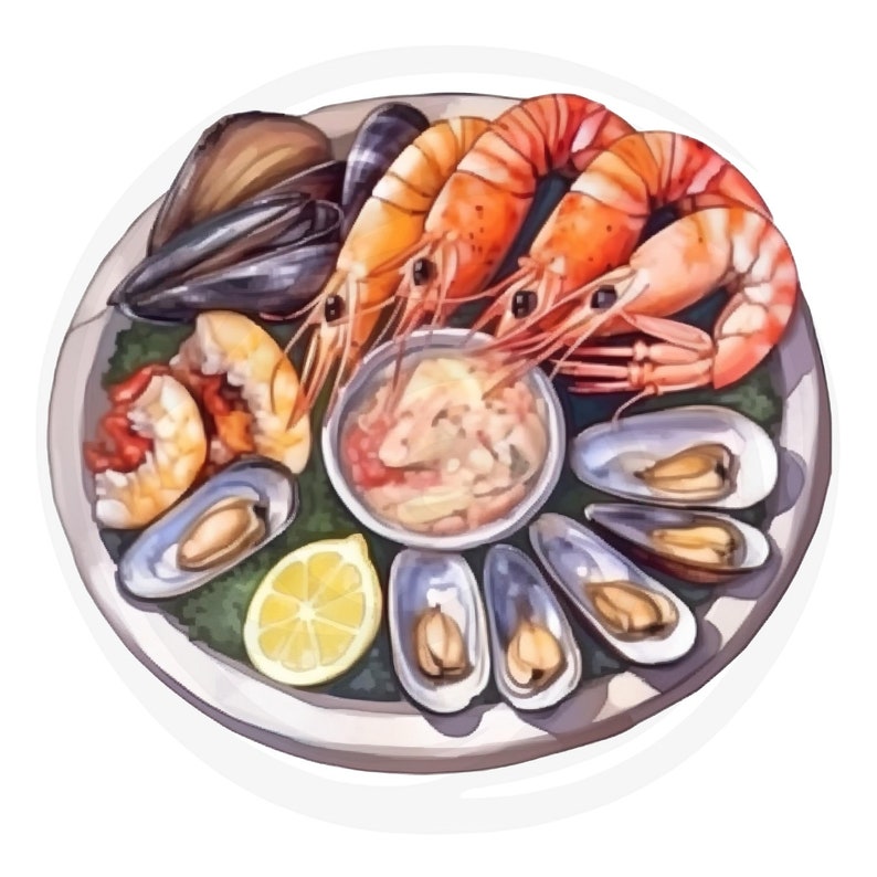 K&ouml;nnte beinhalten: Aquarell-Illustration einer Meeresfr&uuml;chteplatte. Der Teller zeigt gekochte Garnelen, Muscheln und eine kleine Sch&uuml;ssel mit Sauce. Ein Zitronenkeil setzt einen leuchtend gelben Akzent. Die Meeresfr&uuml;chte sind auf einem Bett aus gr&uuml;ner Garnitur angerichtet.