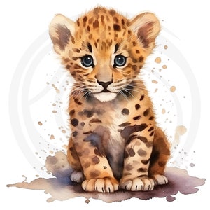 May include: A watercolour painting of a cute baby leopard cub sitting on a brown and white splatter background. The cub has brown fur with black spots and blue eyes.