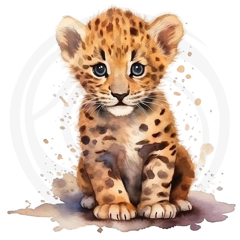 May include: A watercolour painting of a cute baby leopard cub sitting on a brown and white splatter background. The cub has brown fur with black spots and blue eyes.