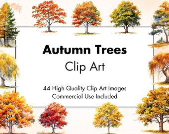 May include: A collection of 44 high-quality clip art images of autumn trees in various colors, including red, orange, yellow, and green. The text "Autumn Trees Clip Art" and "Commercial Use Included" is displayed on a white background.