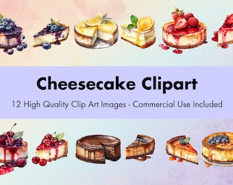 Clipart Cheesecake - 12 JPGs Alta Calidad - Fondo Blanco y Transparente - Ilustración Acuarela - Descarga Digital - Uso Comercial