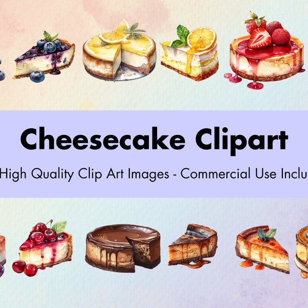 Cheesecake Clipart - 12 High Quality JPGs - White & Transparent Background - Watercolor Illustration - Digital Download - Commercial Use