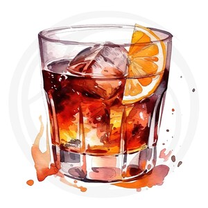 K&ouml;nnte beinhalten: Aquarell-Illustration eines Cocktails in einem Whiskeyglas. Das Getr&auml;nk hat eine tiefrotebraune Farbe, mit Eisw&uuml;rfeln und einer Orangenscheibe. Das Glas ist klar, und der Hintergrund ist wei&szlig; mit einem dezenten kreisf&ouml;rmigen Design.
