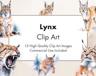 Lynx Clipart - 15 High Quality JPGs - White & Transparent Background - Watercolor Illustration- Digital Download - For Commercial Use