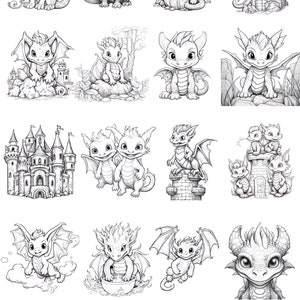 Colorear Baby Dragons Clipart - 16 Alta Calidad - Fondo Blanco y Transparente - Imágenes para colorear - Descarga Digital - Uso Comercial imagen 2