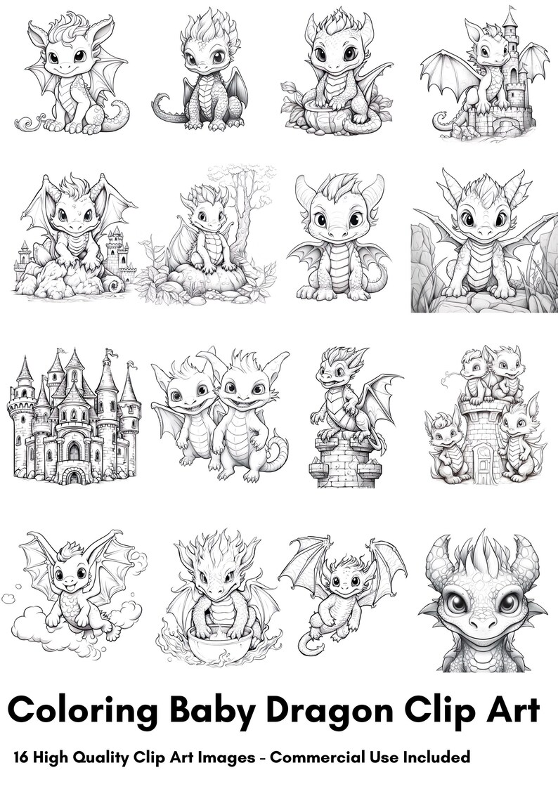 Colorear Baby Dragons Clipart - 16 Alta Calidad - Fondo Blanco y Transparente - Imágenes para colorear - Descarga Digital - Uso Comercial imagen 2
