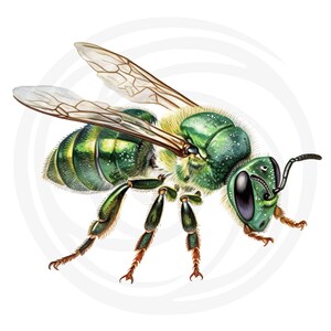 Puede incluir: Una abeja met&aacute;lica verde con patas marrones y alas transl&uacute;cidas. La abeja est&aacute; mirando hacia el lado derecho de la imagen y est&aacute; enfocada.