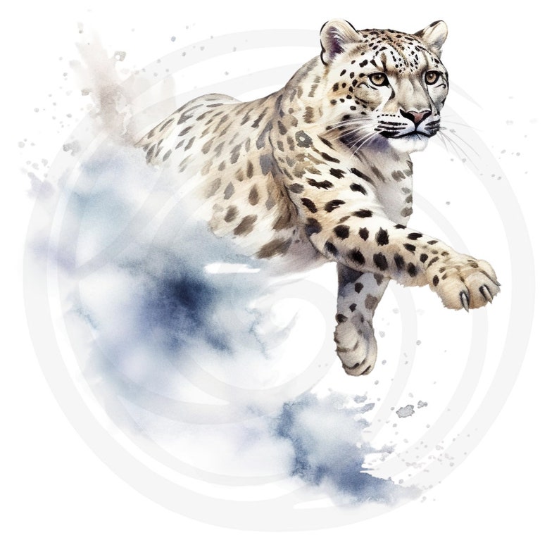 Puede incluir: Una pintura de acuarela de un leopardo de las nieves saltando a trav&eacute;s de una nube de pintura de acuarela azul y blanca. El leopardo tiene un pelaje blanco con manchas negras y est&aacute; en el aire con las patas extendidas.