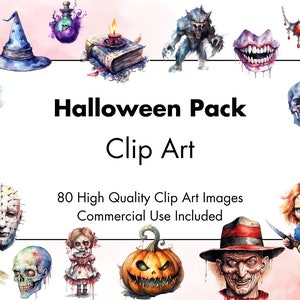 Puede incluir: Un paquete de imágenes de clip art digital con 80 imágenes de alta calidad con temas de Halloween. Las imágenes incluyen un sombrero de bruja, un hombre lobo, un fantasma, una calabaza de Halloween, una calavera, un payaso, un zombi, un vampiro y una muñeca espeluznante. El texto "Halloween Pack Clip Art" está en el centro de la imagen. El texto "80 imágenes de clip art de alta calidad Uso comercial incluido" está debajo del título.