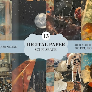 Paquet de papier pour collage spatial science-fiction, 13 fichiers JPG, kit de journal indésirable Star Fantasy, créations en papier pour scrapbooking planète, téléchargement numérique, usage commercial
