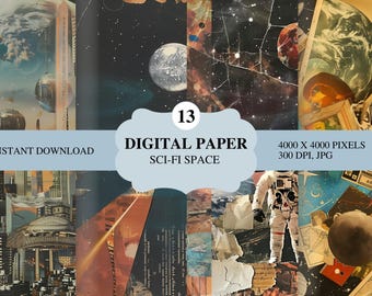 Paquete de papel de collage espacial de ciencia ficción, 13 JPG, artesanía de papel Planet Scrapbooking, descarga digital, uso comercial