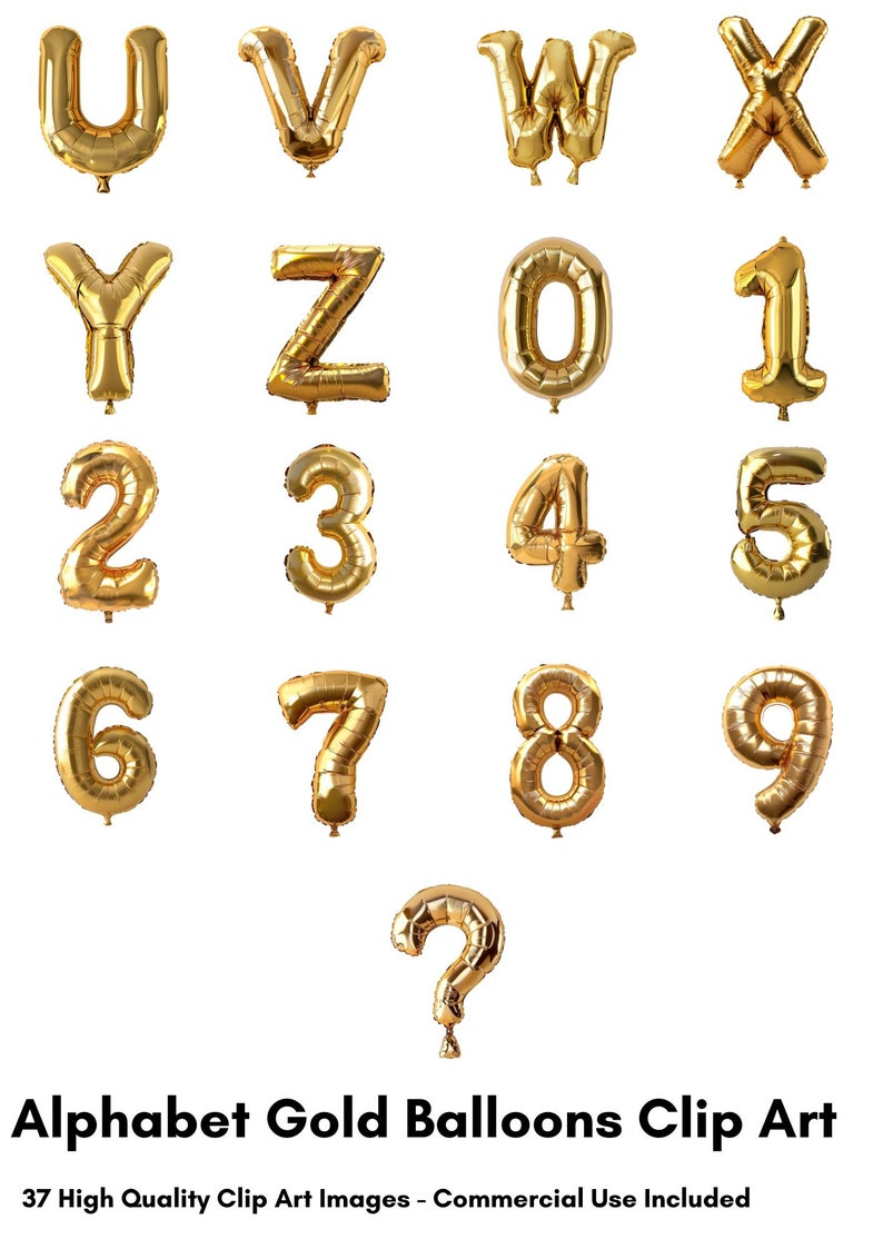 Puede incluir: Globos de letras y n&uacute;meros de l&aacute;mina dorada, incluyendo las letras de la U a la Z, los n&uacute;meros del 0 al 9 y un signo de interrogaci&oacute;n. Los globos est&aacute;n inflados y aislados sobre un fondo blanco.