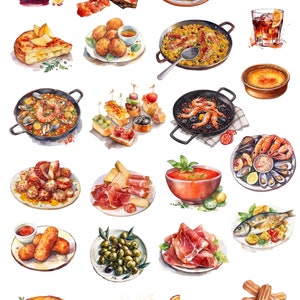 K&ouml;nnte beinhalten: Aquarellillustration verschiedener spanischer Gerichte, darunter Paella, Tapas, Meeresfr&uuml;chte und Sangria. Das Bild zeigt eine Vielzahl kulinarischer K&ouml;stlichkeiten wie gegrillten Fisch, Oliven und Churros mit Schokoladensauce, ideal f&uuml;r ein Food-Design.