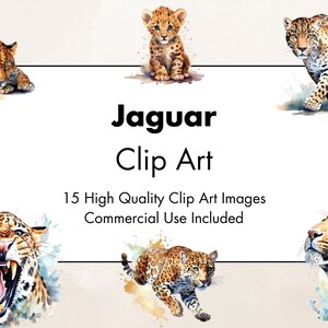 May include: A digital clip art set featuring 15 watercolour illustrations of jaguars in various poses. The illustrations are in shades of brown, black, and white, with splashes of blue and green watercolour.