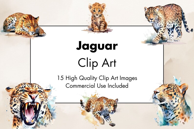 May include: A digital clip art set featuring 15 watercolour illustrations of jaguars in various poses. The illustrations are in shades of brown, black, and white, with splashes of blue and green watercolour.