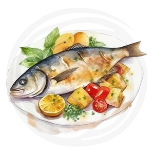 K&ouml;nnte beinhalten: Aquarellillustration eines gekochten Fisches auf einem wei&szlig;en Teller. Der Fisch ist von Tomaten, Kartoffeln, Zitronenscheiben und Kr&auml;utern umgeben. Der Fisch hat einen blau-grauen R&uuml;cken und einen goldbraunen K&ouml;rper.