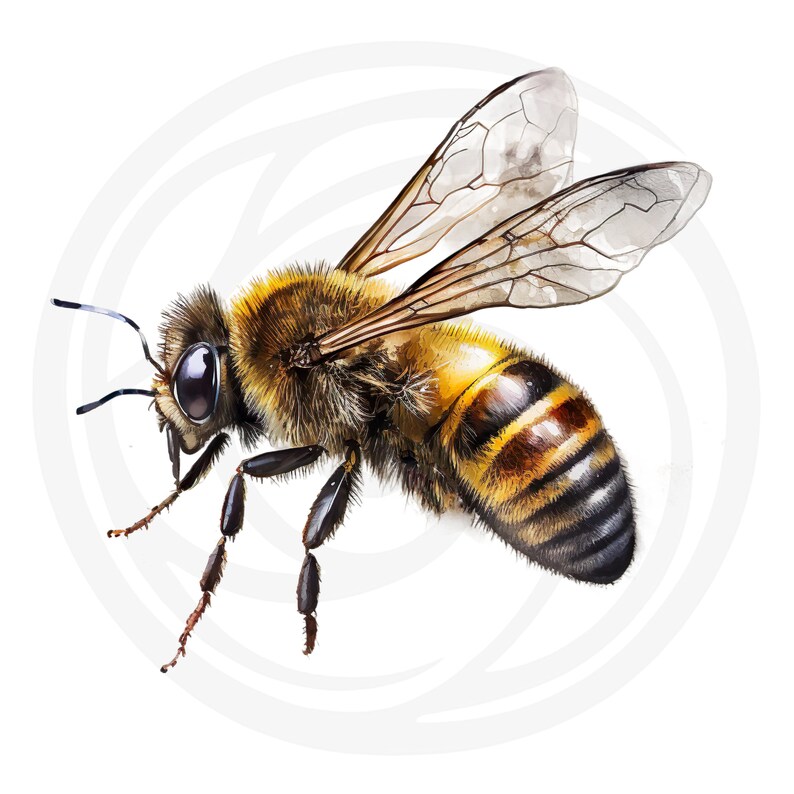 Puede incluir: Primer plano de una abeja en vuelo con las alas extendidas. La abeja tiene un abdomen rayado de marr&oacute;n y amarillo y patas negras.
