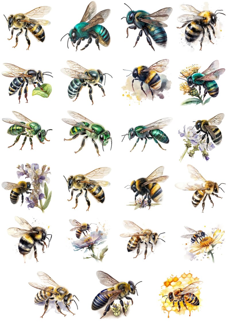 Puede incluir: Una colecci&oacute;n de acuarelas de abejas en varias poses y colores, incluyendo verde, azul y amarillo. Algunas abejas se muestran con flores, mientras que otras est&aacute;n volando o posadas en un panal.