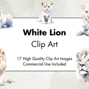 Clipart de leão branco - 17 JPGs de alta qualidade - Fundo branco e transparente - Ilustração em aquarela - Download digital - Para uso comercial