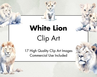 White Lion Clipart - 17 JPG de alta calidad - Fondo blanco y transparente - Ilustración de acuarela- Descarga digital - Para uso comercial