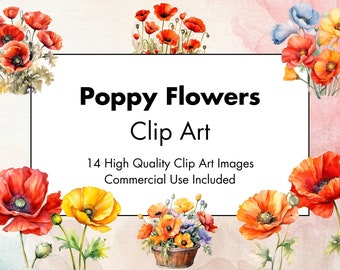 Mohnblumen Clipart - 14 Hochwertige JPGs - Weißer & Transparenter Hintergrund - Aquarell Illustration - Download - Kommerzielle Nutzung
