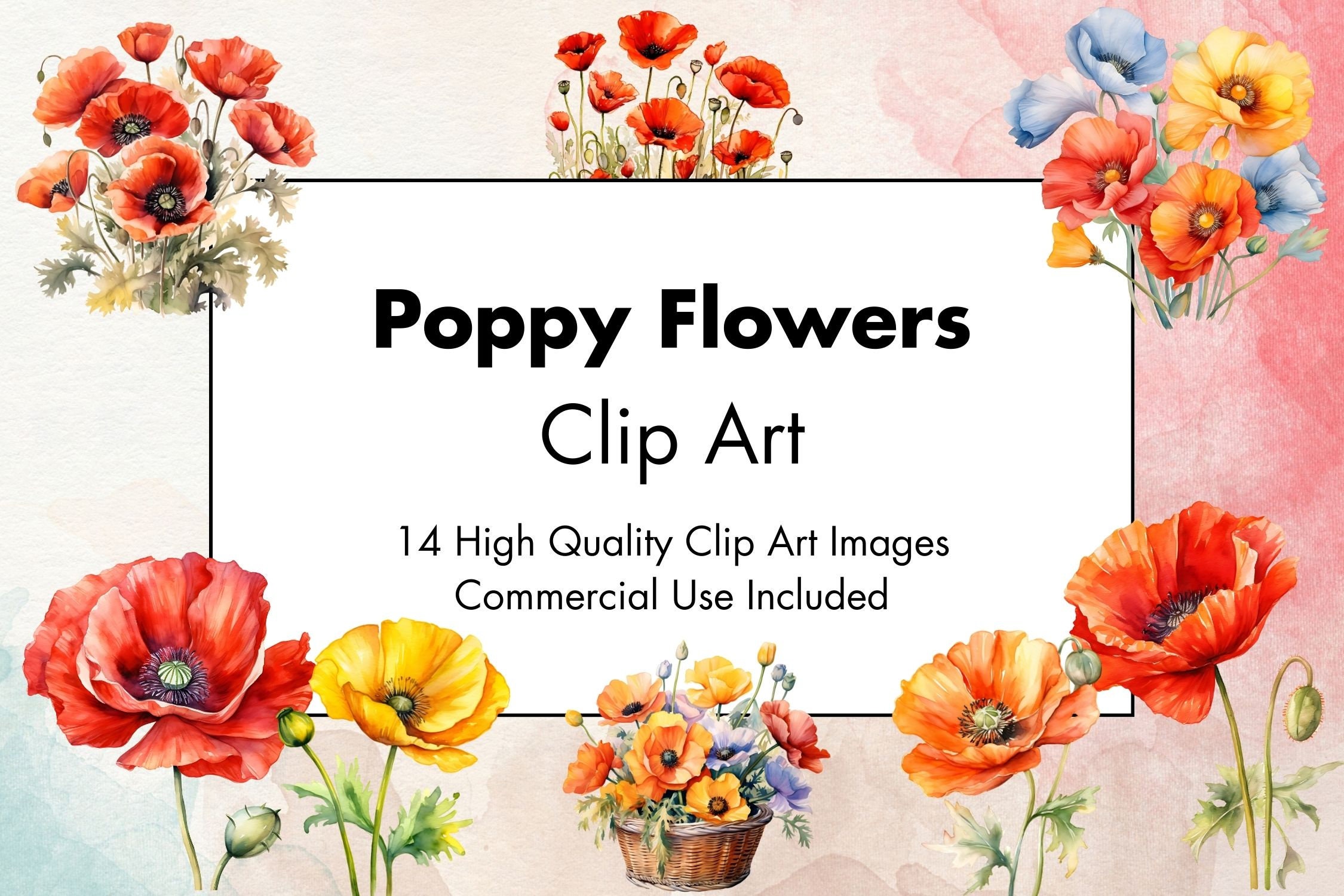 Poppy Flowers Clipart - 14 High Quality JPGs - White \u0026 Transparent  Background - Watercolor Illustration - Download - Commercial Use, image size:2250x1500