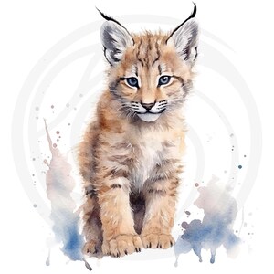 May include: A watercolor painting of a brown and white lynx kitten with blue eyes. The kitten is sitting with its paws tucked under its body and looking directly at the viewer. The background is a light blue and gray watercolor wash.