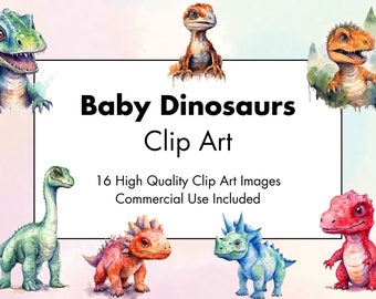 Baby Dinosaurs Clipart - 16 High Quality - White & Transparent Background - Watercolor Illustration - Digital Download - Commercial Use