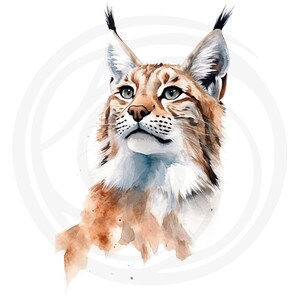 May include: A watercolor painting of a lynx with brown and white fur. The lynx has large, pointed ears and bright green eyes. The lynx is looking up and to the right, with its mouth slightly open.
