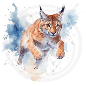 May include: A watercolor painting of a lynx jumping through the air. The lynx is brown and white with a long tail and large ears. The background is a light blue with white splatters.