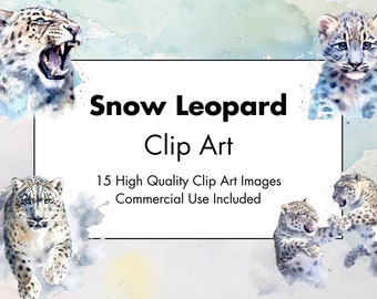 Snow Leopard Clipart- 15 JPG de alta calidad - Fondo blanco y transparente - Ilustración de acuarela- Descarga digital - Para uso comercial