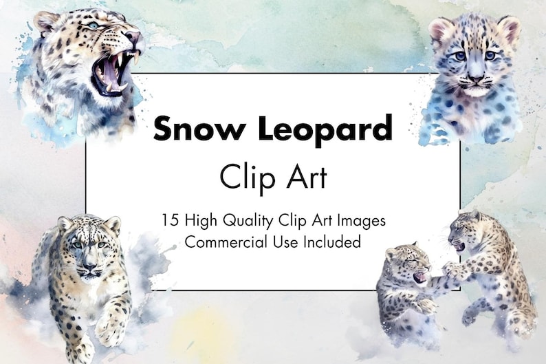 Puede incluir: Una ilustraci&oacute;n digital de un leopardo de las nieves en estilo acuarela. El leopardo de las nieves es blanco con manchas negras y se muestra en varias poses. El texto "Snow Leopard Clip Art" se muestra en el centro de la imagen. El texto "15 im&aacute;genes de clip art de alta calidad" y "Uso comercial incluido" se muestra debajo del t&iacute;tulo.